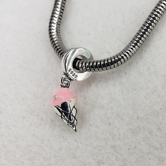 Kawaii Ice Cream Cone Dangle Charm for Bracelet Pink Sterling Silver 925 Novelty - Picture 2 of 4